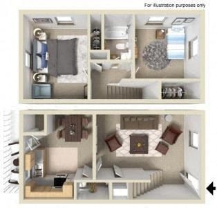 Floor plan for 2 beds, 1.5 baths, 1024 sqft